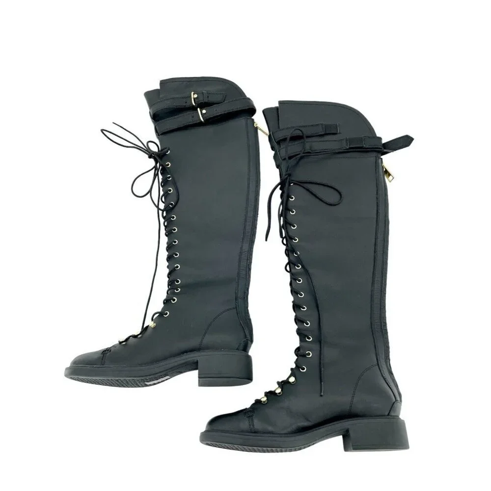 Joie Gryffin Over the Knee Boots Lace Up Buckle Black Leather  EU 36 New